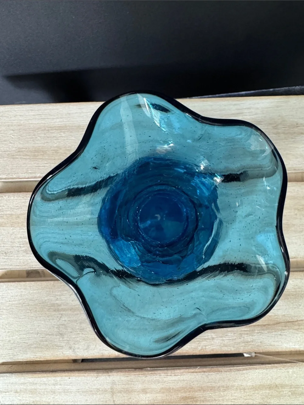 VTG Blue Crackle Glass Vase Ruffled Rim Hand Blown Art Glass Mid-Century
